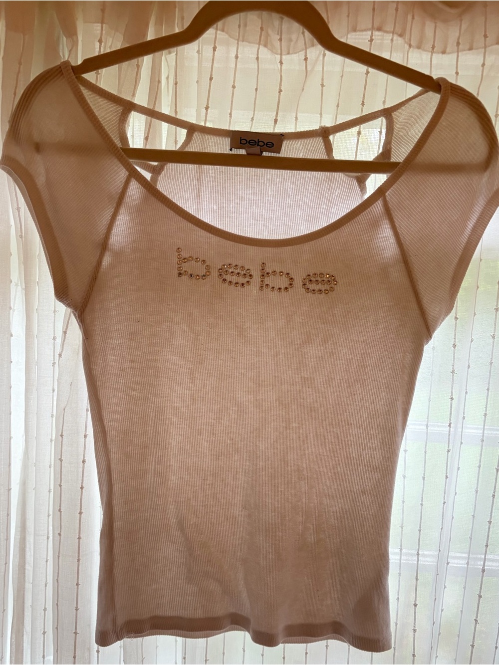 Vintage Y2K bebe White Ribbed Scoop Neck Top with Rhinestone Logo
